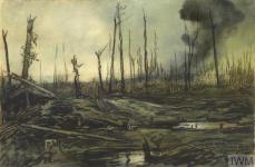 Bernafay Wood, Looking Towards Trônes Wood (Art.IWM ART 4484) image: a view across a desolate and battle-scarred Somme landscape. There are flooded shell holes in the foreground, and clouds of smoke rising from the land in the distance. There are the shattered tree trunks of Bernafay Wood jutting out from the ground, an indication of what used to be a woodland area. Copyright: © IWM. Original Source: http://www.iwm.org.uk/collections/item/object/12083